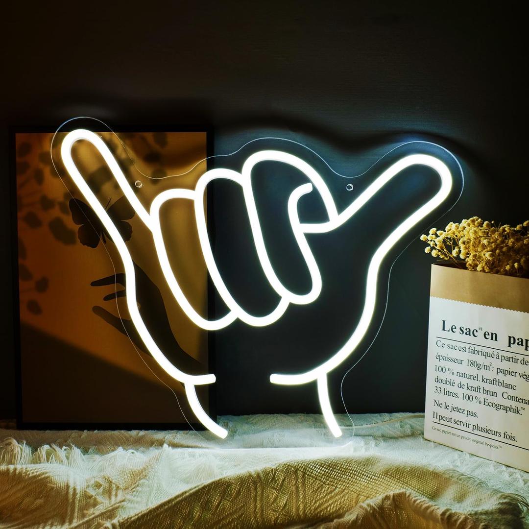 Neon Signs Shaka Hand Gesture Hang Hand Symbol LED Light for Wall Decor Aloha Hawaiian Greeting Lamp "15.7x12.4" for Home Bedroom Restaurants Retail Shops Bar Party(White)