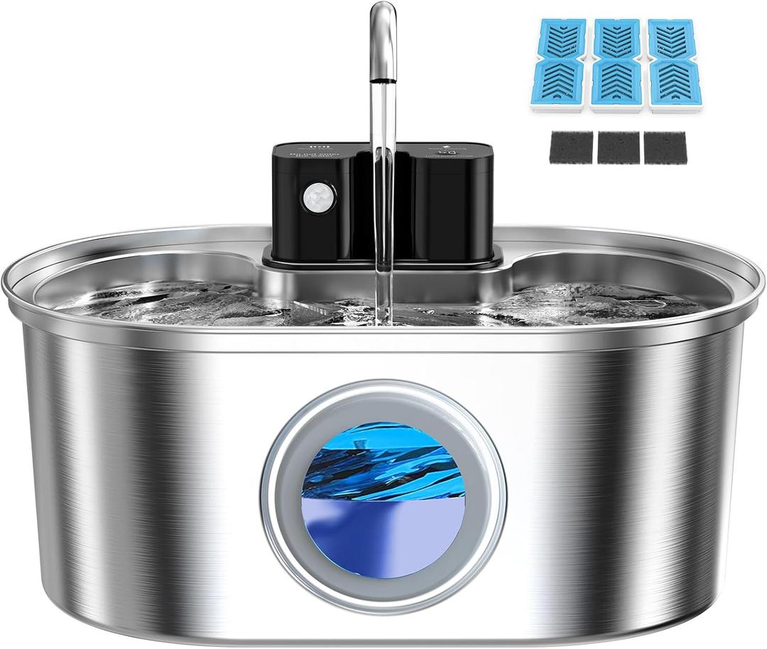 PEKTACO Wireless Cat Water Fountain Stainless Steel, 108oz/3.2L Cordless Battery Operated Pet Water Fountain for Cats Indoor with Quiet Pump, Easy Clean, BPA-Free(3 Filters)
