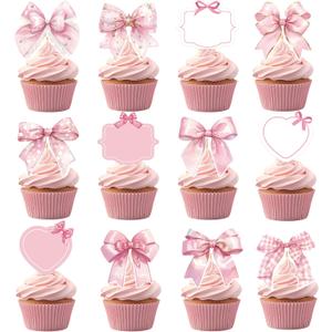2 x 36Pcs Pink Bow Cupcake Toppers, Sweet Bow Cupcake Decorations, Single Bride Engagement Wedding Girls Baby Shower Party Supplies