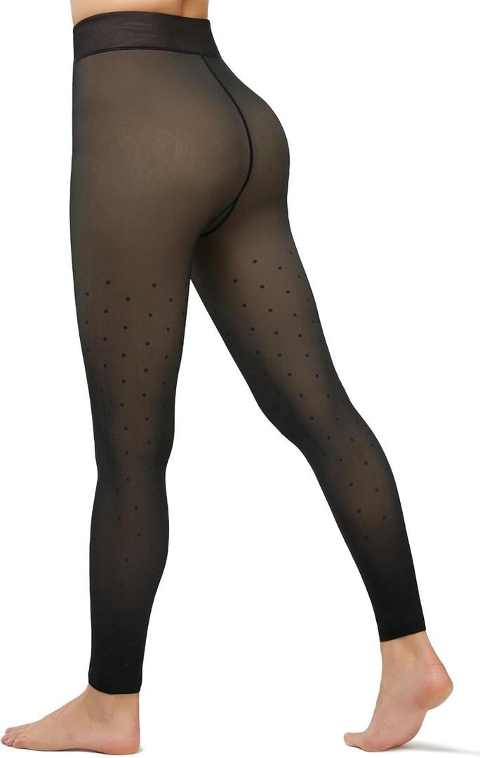 Fleece Lined Tights Footless Women Sheer Warm Pantyhose Leggings Toeless Fake Translucent Thermal Thick Winter No Feet Tights (X-Large, Black Dot)