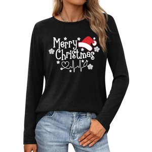 Christmas T-Shirt for Women Long Sleeve Round Neck Xmas Holiday Shirts Casual Basic Tunic Tops L