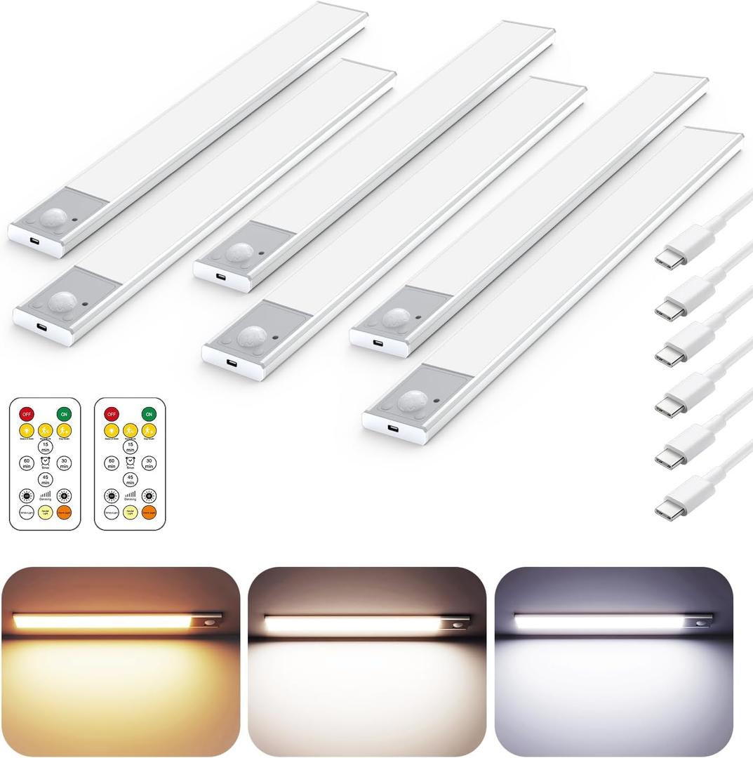 12" Ultra-Thin Under Cabinet Lighting Wireless, Aluminum Alloy Under Counter Lights for Kitchen, 3-Color-Temps Magnetic Closet Lights, Rechargeable Motion Sensor Light Indoor (6 Pack, Silver)
