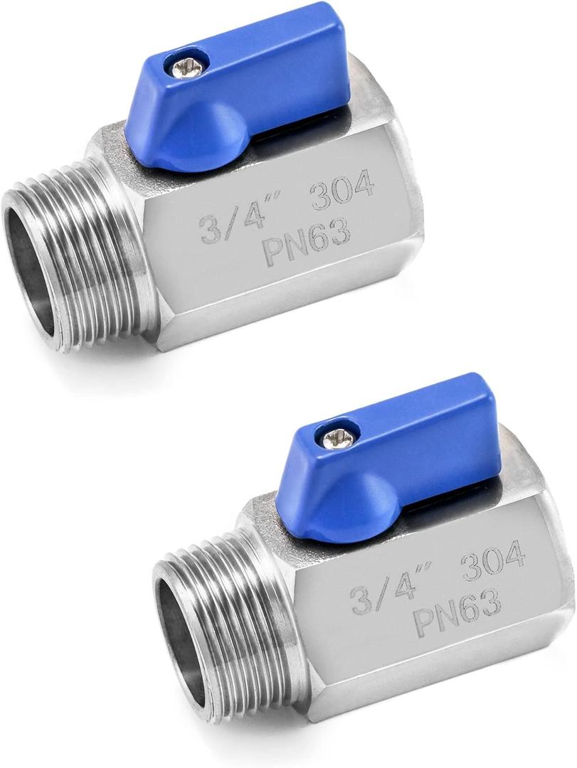 QWORK Mini Ball Valve, 2 Pack 3/4" Thread Female and Male 304 Stainless Steel Shut-Off Valves (Silver)