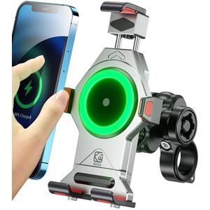 BRCOVAN Motorcycle Phone Mount with 15W Qi Wireless Charger & Vibration Dampener, Metal, Anti-Theft, Anti-Shake, Adjustable Motorcycle Handlebar Cellphone Holder Fit 4.7''-7.2'' Smartphones