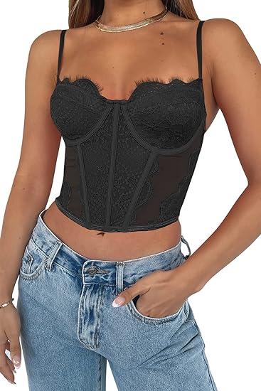 Dealmore Womens Corset Top Going Out Lace Spaghetti Strap Crop Y2K Mesh Date Night Party Bustier Cami 2025
 Size L