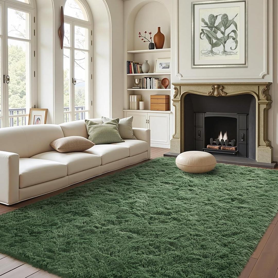 FinRec Green Rugs for Living Room Bedroom, 4x6 Feet Fluffy Fuzzy Shag Rug, Non-Slip Furry Shaggy Area Rug for Nursery Kids Room Dorm Room Home Decor, Indoor Floor Carpet