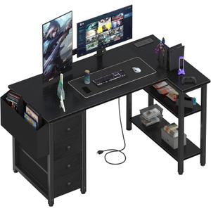 Lufeiya L Shaped Gaming Desk with Power Outlet, 47 Inch Reversible Corner Computer Desk with Drawers & Storage Shelves for Home Office Bedroom, L-Shaped Teen PC Desks with Fabric Drawer, Black, 47.2"