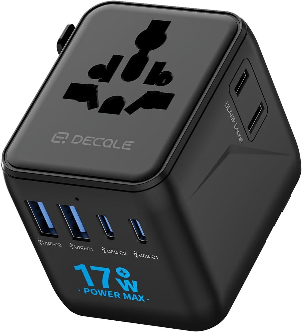 Universal Travel Adapter, International Travel Plug Adapter with 2 USB-C  2 USB-A Ports, with Extra 2 Prong AC Outlet All in One Portable Socket, for USA, UK, EU, AU  224+ Countries (Black)