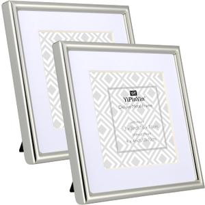 4x4'' Sqaure Simply Silver Metal Picture Frame With Mat for 3x 3'' Set of 2, Narrow Silver Plated metal Photo Frames 3x3'' With Soft Touch Velvet Backing for Desktop and Shelf display