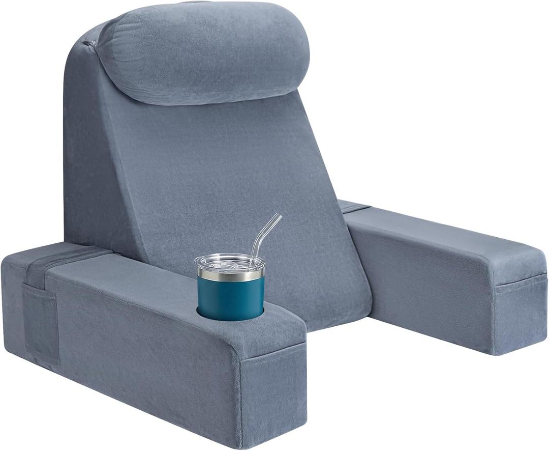 AS AWESLING 21 INCH Reading Pillow for Adults, Back Pillow for Bed Sitting Up, Backrest Pillow for Sitting in Bed, Detachable Arms with Built-in Cup & Phone Caddy (Gray, 21 INCH)