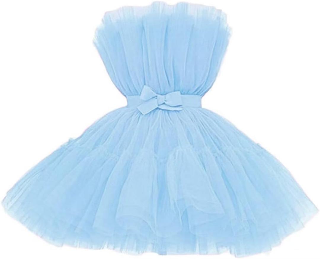 FTBY Women Tiered High Low Prom Dress Bow Sash Tulle Homecoming Pageant Dresses Hot Pink Long (4, Lightblue)