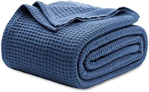 Bedsure 100% Cotton Blanket Queen Size for Bed - Breathable and Soft, Waffle Weave Blanket for Summer Spring, Navy, 90x90 Inches
