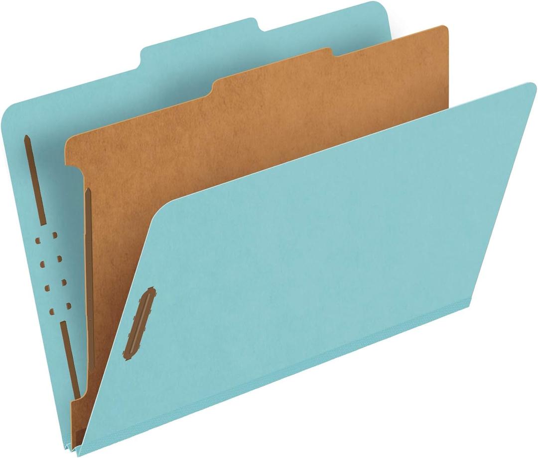Pendaflex Recycled Classification File Folders, 1 Divider, 2" Embedded Fasteners, 2/5 Tab Cut, Legal Size, Light Blue, Box of 10 (28777R)