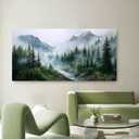 Trogonup Large Misty Forest Wall Art for Living Room Green Mountain Landscape Canvas Prints with Trees and River Modern Nature Artwork for Bedroom Office Home Decor 24"x48"