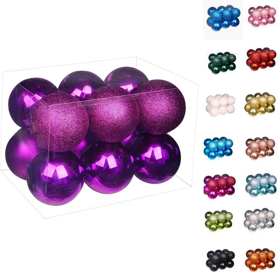 Emopeak 12Pcs Christmas Balls Ornaments for Xmas Christmas Tree - 4 Style Shatterproof Christmas Tree Decorations Hanging Ball for Holiday Wedding Party Decoration (Purple, 3.2"/8CM)