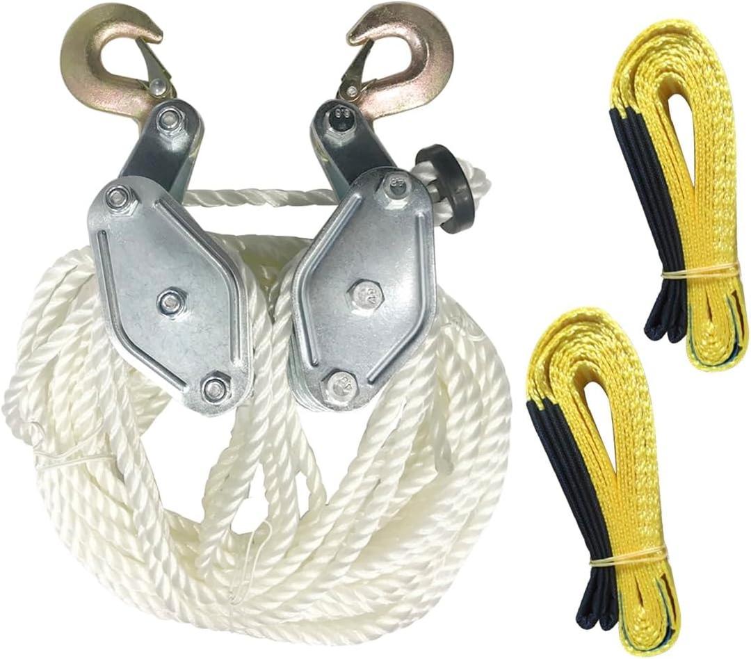 Heavy-duty Block and Tackle Pulley System, 4000LBS Breaking Strength, 65.6ft Rope Hoist with 2PCS 7.9ft Lift Sling for Construction Warehouse Hunting Deer Lifting
