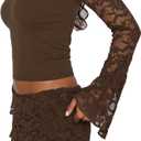 Womens Sexy 2 Piece Mini Skirt Set Long Sleeve Lace Cutout Top Double Lace Mini Bodycon Skirt Y2K Going Out Outfits (Brown, L)