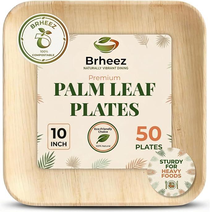 brheez Bamboo Plates Disposable Palm Leaf Plates | 10 inch bamboo dinner plates | Eco Compostable Biodegradable Plates | 10&7 Inch (50 pc)