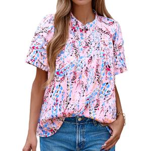 MASCOMODA Womens Tops Summer Boho Floral Short Sleeve Button Down Shirts Crewneck Loose Vacation Dressy Casual Work Blouses(Floral Pink Multicolored,Medium) (Pink, M)