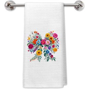 Wildflower Coquette Bow Kitchen Towels, Cottagecore Colorful Floral Dish Tea Towels for Kitchen Decor, Vibrant Botanical Floral Bow Hand Towels for Bathroom Decor, 16x24 Inch