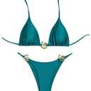 OYOANGLE Women's 2 Piece Bikini Set Spaghetti Strap Halter Swimsuit High Cut Bathing Suits Teal Blue Medium