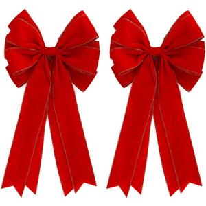 2 Pcs 20 x 10 Inch Large Red Velvet with Glitter Gold Edge Bows Farmhouse Wreaths Bow for Gift Wrapping Tree Topper Front Door Home Decorations