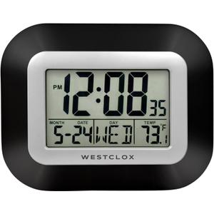 Westclox Large Digital Wall Clock Battery Operated with Temperature Date and Day of Week with Alarm | Modern Digital Desk Clock for Office Kitchen Bedroom or Living Room | Black (9")