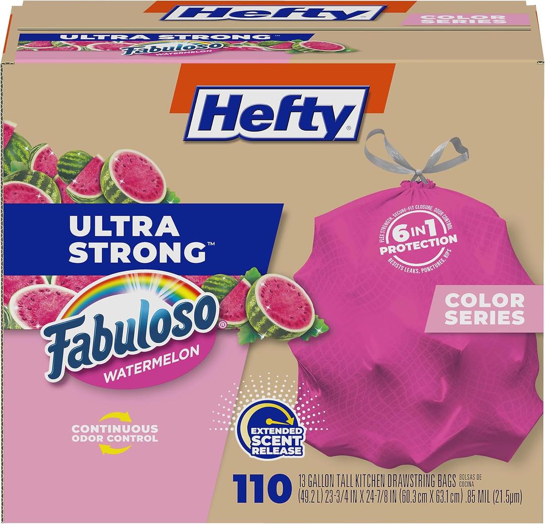 Hefty Ultra Strong 13 Gallon Trash Bags, Tall Kitchen Trash Bags 13 Gallon Size, Resist Leaks, Punctures, and Rips, Continuous Odor Control, Pink, Fabuloso Watermelon Scent, 110 Bags Hefty Ultra Strong 13 Gallon Trash Bags, Tall Kitchen Trash Bags 13 Gallon Size, Resist Leaks, Punctures, and Rips, Continuous Odor Control, Pink, Fabuloso Watermelon Scent, 110 Bags