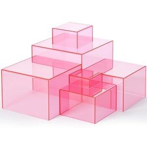 Geelin 6 Pack Acrylic Risers for Display Acrylic Cube Boxes Risers Display Stands with Hollow Bottoms Decorative Stand for Jewelry Candy Table Decor 6 Sizes (Pink, 3 to 8 Inch, Square)