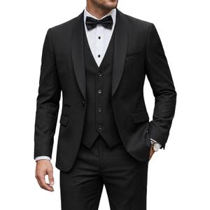 YND Men's 3 Piece Tuxedo Set with Bow Tie, Slim Fit One Button Shawl Lapel Suit Blazer Vest Pants, for Wedding Prom Dinners (Black) Medium 
