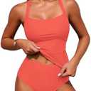 ZAFUL Women's Tankini Swimsuits Tummy Control Swimwear Two Piece Bathing Suits Swim Top with High Waisted Bottom. Small