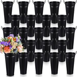Lallisa 24 Pcs Metal Vases 9 Inch Galvanized French Farmhouse Flower Buckets with Handles and Hemp Rope, Vintage Style Flower Containers for Country Wedding Party Table Centerpiece Decor(Black)