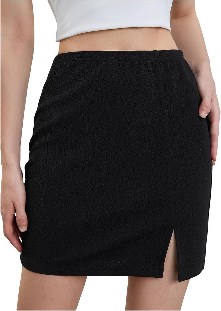 SOLY HUX Women's Plus Size High Waist Elastic Slit Sexy Stretch Fitted Bodycon Mini Skirts (Black, S)