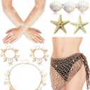 Coume 9 Pcs Halloween Mermaid Cosplay Costume Women Crochet Skirt Rhinestone Long Fishnet Gloves Necklace Bracelets Hair Clip