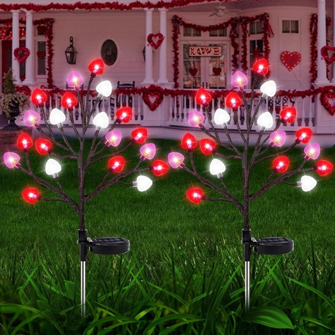 2 Pack Valentine's Day Solar Outdoor Lights, Valentines Day Decor Red Pink White Heart Solar Valentine Lights, Valentines Day Solar Decorations Outdoor Garden Lawn Yard Decorations