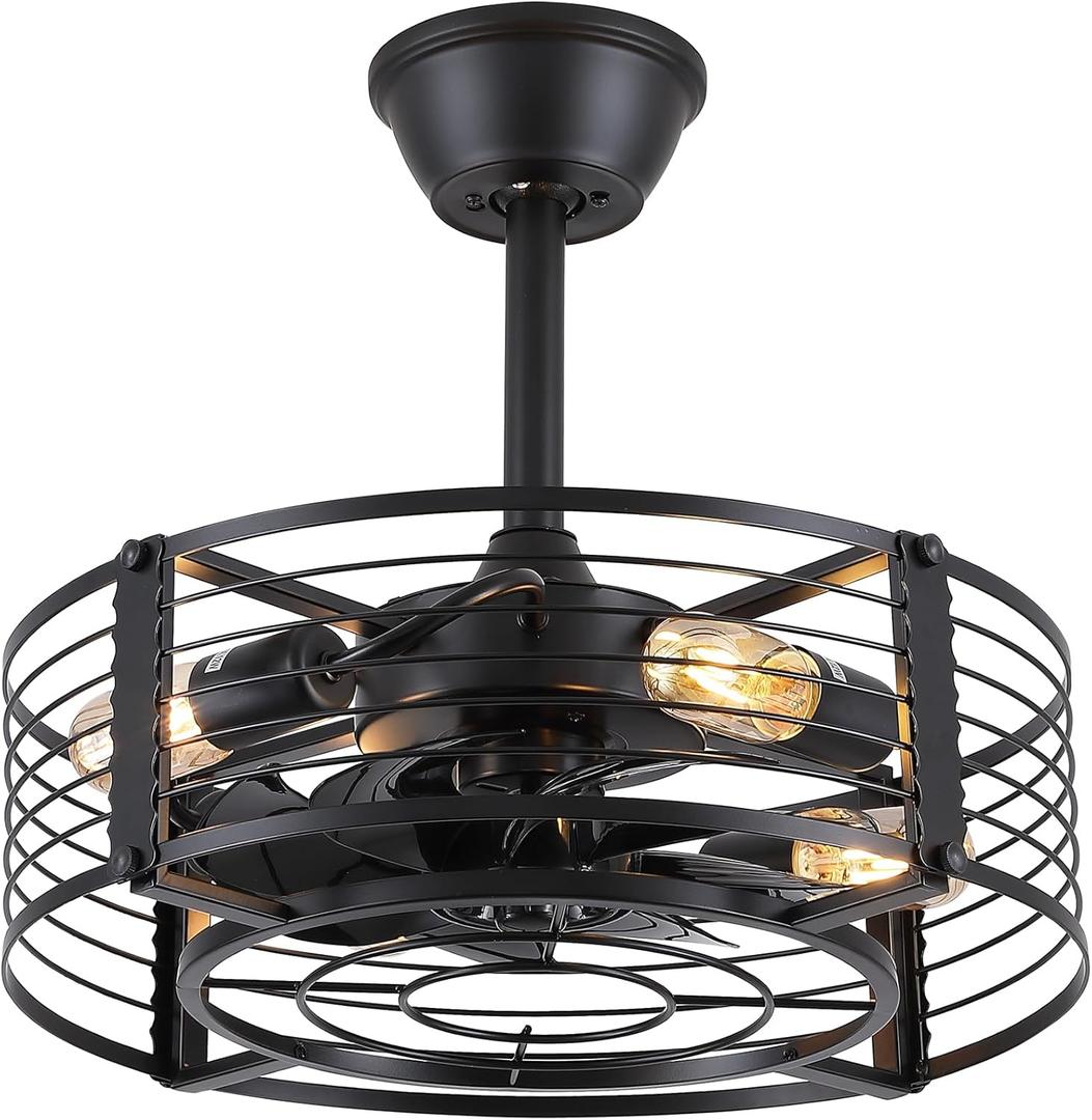 Dannilong Caged Ceiling Fans with Lights and Remote, Industrial Black Ceiling Fan Bladeless, Small Ceiling Fan with Light for Kitchen Bedroom Outdoor, 18 Inch Black Fandelier, Reversible Quiet Motor