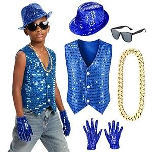 Kids Dance Hip Hop Jazz Costume Boys Sequin Vest Hat Sunglasses Set for Dance Party 4-5T Blue