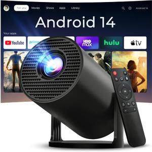 Mini Projector with WiFi 6 and Bluetooth 5.4 Built-in Android 11, 1080P 4K Support Portable Projector, Auto Vertical Keystone, LYNCAST 180° Rotatable Projector for Home,Outdoor OptiBarrel 500 Black