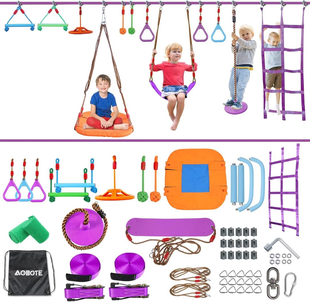 AOBOTE Ninja Warrior Obstacle Course for Kids, 2x56ft Slackline with 12 Accessories, Saucer Swing with 360 Degree Rotating Wheel, Ninja Course for Kids Outside