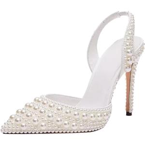 Goolita Pearl Slingback Heels for Women, Pointed Closed Toe Slip On Heeled Sandals Stiletto Heel Evening Bridal Shoes for Wedding (9, Ivory)