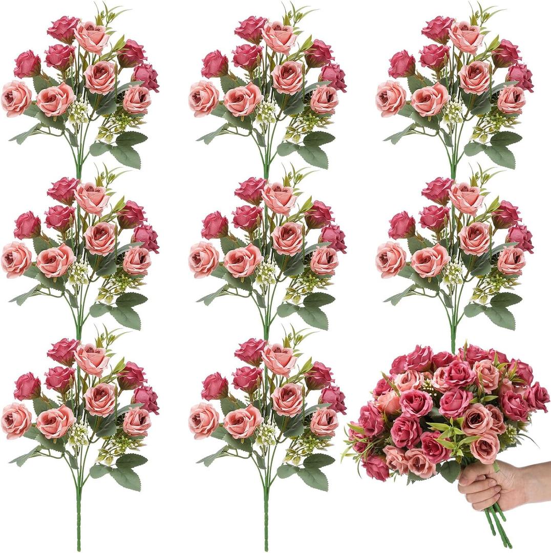 Zeyune 8 Pack 12 Inch Mini Soft Pink Roses Artificial Flowers with Long Stem 80 Heads Silk Roses Fake Flowers for DIY Wedding Bouquets Floral Arrangements for Valentine's Day Decorations