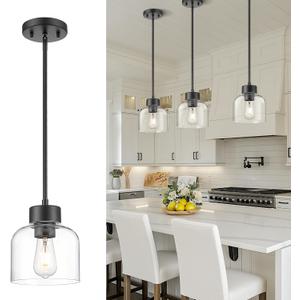 Black Pendant Lights Kitchen Island, 7" Hanging Lights Fixtures with Clear Glass Shade, Modern Kitchen Pendant Lighting Over Island for Dining Room, AD-24024-1P-BK