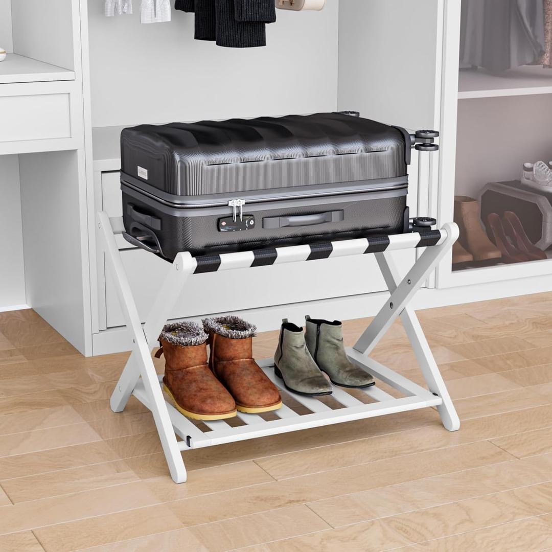 Fully Assembled White Bamboo Luggage Rack, 5 Straps Folding Suitcase Stand with Shoe Shelf, Heavy Duty Wood Large Luggage Holders for Guest Room, Bedroom, Hotel