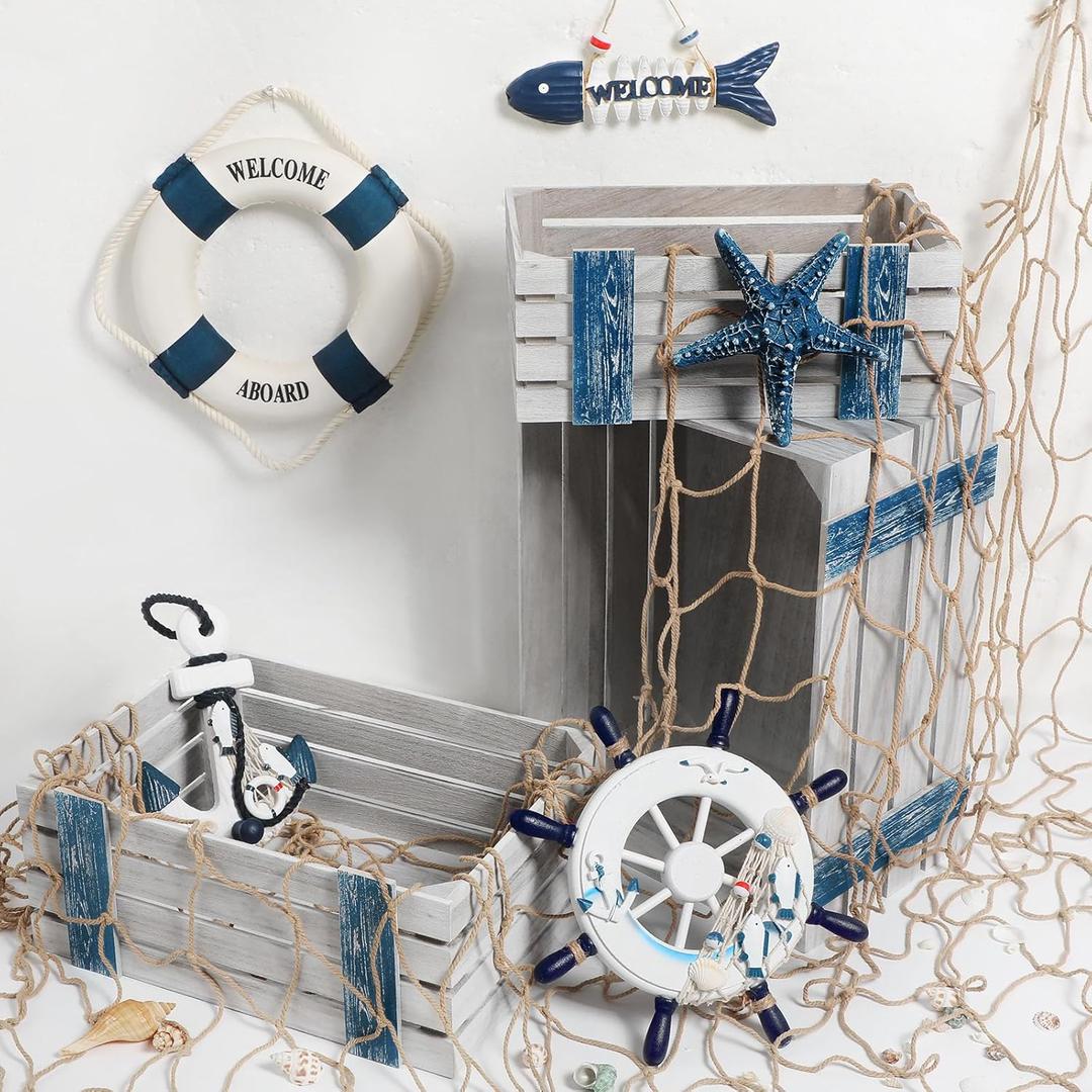 Nautical Party Decorations Nautical Pirate Party Decor with Wood Crates Fishing Net Ship Wheel Fish Skeleton Life Buoy Anchor Starfish for Baby Shower Decor Birthday Photo Prop(Retro)