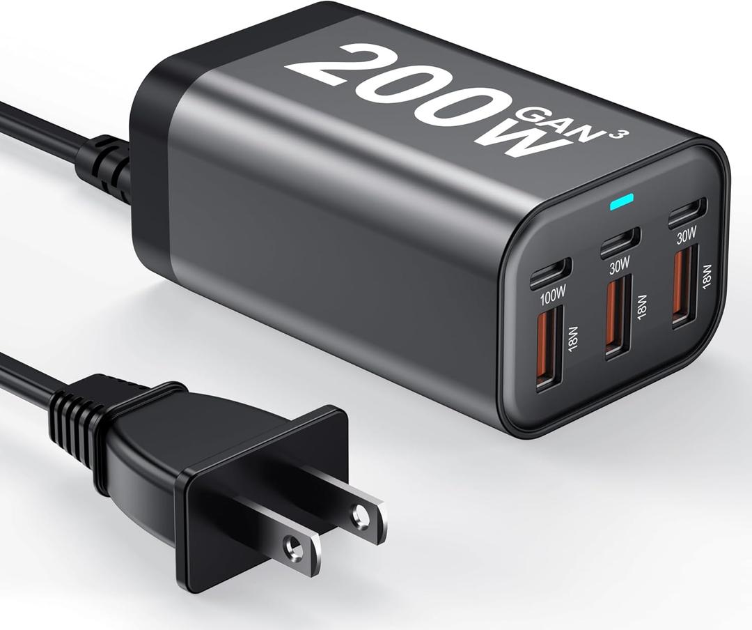 USB C Charger Block 200W 6 Port GaN Fast Charging Station Hub for Laptop, iPad, iPhone 17 Pro Max Fast Charger Pixel DELL MacBook Pro/Air Galaxy S25 Steam Deck USB C 100W Adapter for Android