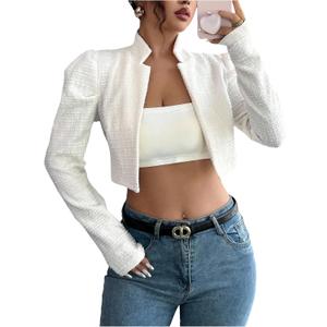 Floerns Women's Elegant Long Sleeve Cropped Blazer Open Front Textured Knit Business Casual Suit Jacket White X-Large