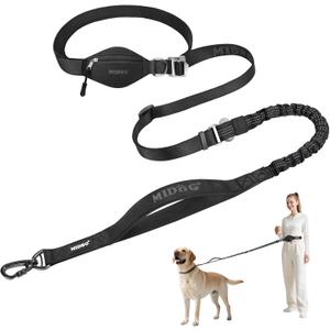 MIDOG Multifunctional Dog Leash Hands Free for Large Dogs - Adjustable Waist Leash with Zipper Pounch& Bungee Cord for Jogging/Running/Walking(4-7FT,Black)