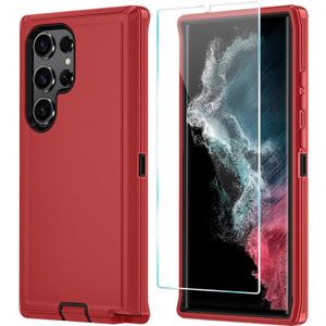 ONOLA Phone Case for Samsung Galaxy S22 Ultra Case with HD Screen Protector, Heavy Duty Shockproof & Dropproof 3-Layer Cover Phone Case for Galaxy S22 Ultra 6.8'',RedBlack