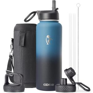 Water Bottle 40 oz Insulated with Straw, Coolflask Stainless Steel Metal 3 Lids Water Flask for Sports or Office, Keep Cold 48H Hot 24H, Samurai Cyan