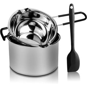 Double Boiler Pot Set, Stainless Steel Melting Pot with Silicone Spatula for Melting Chocolate, Soap, Wax, Candle Making (600ml and 1600ml)